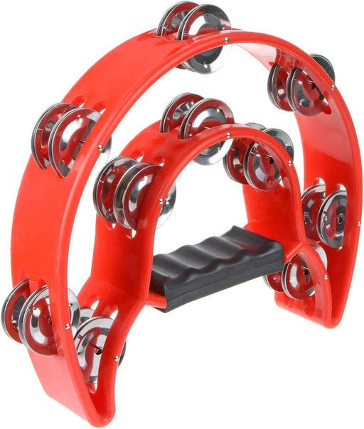 Half Moon Musical Tambourine (Red) Double Row Metal Jingles Hand Held Percussion Drum for Gift KTV Party Kids Toy with Ergonomic Handle Grip