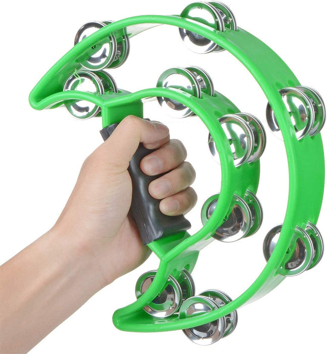 Flexzion Half Moon Musical Tambourine Double Row Metal Jingles Hand Held Percussion Drum for Gift KTV, Party, Kids Toy with Ergonomic Handle Grip, Green