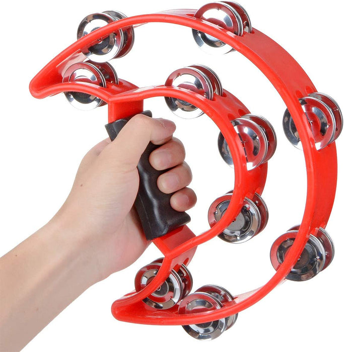 Half Moon Musical Tambourine (Red) Double Row Metal Jingles Hand Held Percussion Drum for Gift KTV Party Kids Toy with Ergonomic Handle Grip