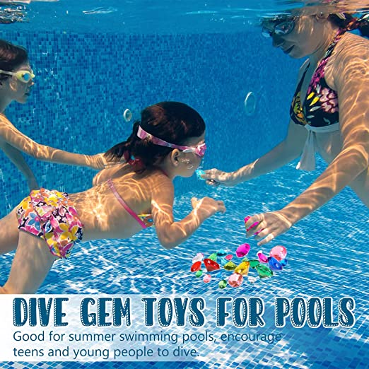 24 Pieces Diving Gem Pool Toys Colorful Summer Swimming Gem Diving Toys with 2 Treasure Pirate B...