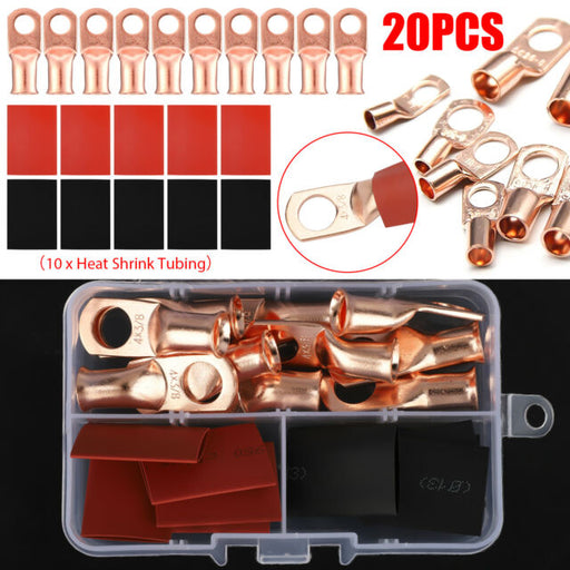 20pcs 4 AWG Gauge Copper Lugs w/ BLACK & RED Heat Shrink End Ring Terminals Wire