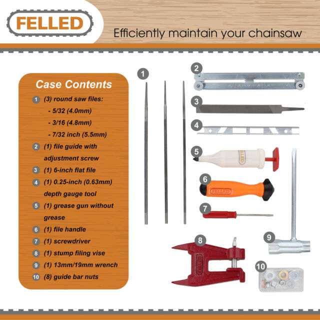 Felled Chainsaw Sharpening Hard Case Kit File Guide Depth Gauge Vise Grease Gun