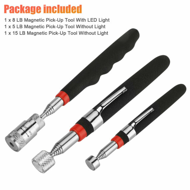 3x Magnetic Pickup Tool Telescopic Magnet Pickup LED Light Stick Grabber Extend