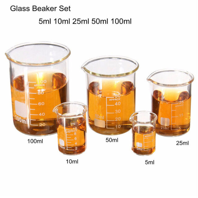 1Set Low Form Glass Beaker 5 10 25 50 100ml Borosilicate Measuring Lab Glassware