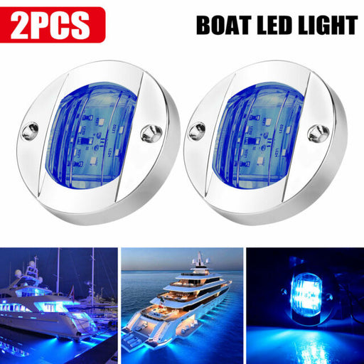 2X Round Marine Boat LED Courtesy Lights Cabin Deck Stern Navigation Light Blue