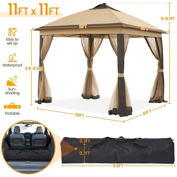 11'x11' Outdoor Pop Up Instant Gazebo Tent with Mesh Netting/ Solar LED Lights