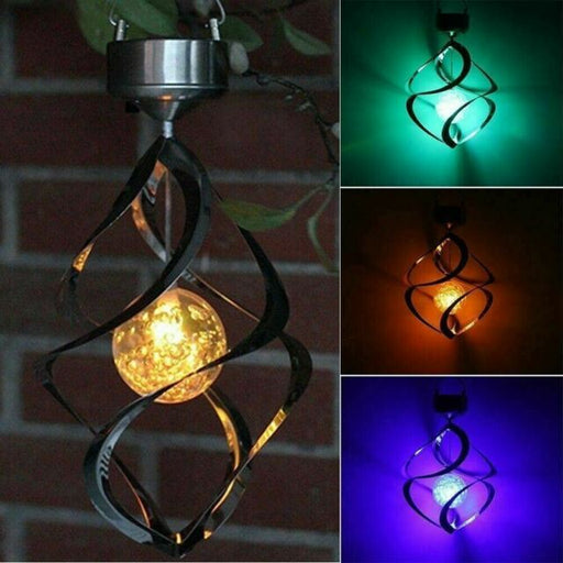 Solar Powered Spiral Wind Spinner Color Changing LED Light Wind Chimes Lamp Yard