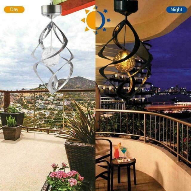 Solar Powered Spiral Wind Spinner Color Changing LED Light Wind Chimes Lamp Yard
