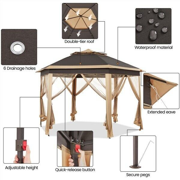 13' x 13' Double Roof Outdoor Patio Gazebo Pop Up Canopy Tent with Mesh Netting