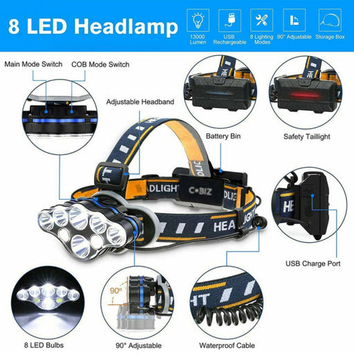 8LED Headlamp USB Rechargeable Flashlight Headlight Head Torch Waterproof Sensor