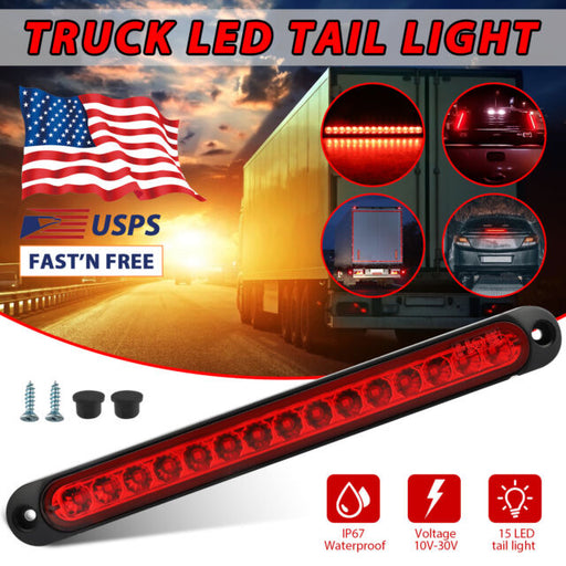 10" Red 15LED Sealed Truck Trailer 3rd Strip Brake Stop Rear Turn Tail Light Bar