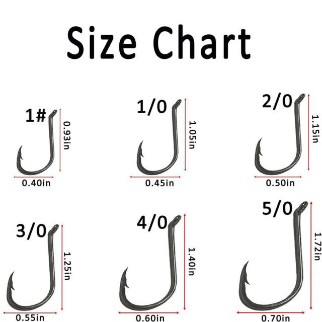 160 Offset Circle Fishing Hooks/Box - Black High Carbon Steel: Sizes #1-5/0