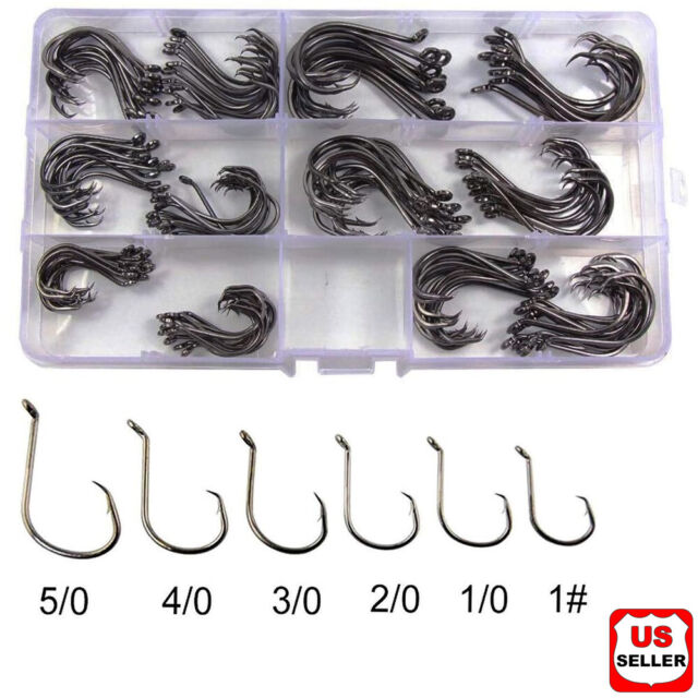 160 Offset Circle Fishing Hooks/Box - Black High Carbon Steel: Sizes #1-5/0