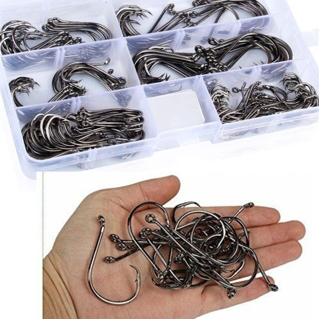 160 Offset Circle Fishing Hooks/Box - Black High Carbon Steel: Sizes #1-5/0