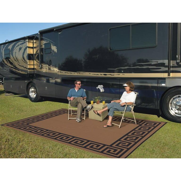 Patio Mats 9x12 Reversible RV Outdoor Patio Mat, Camping Mat, Greek Key, Tan