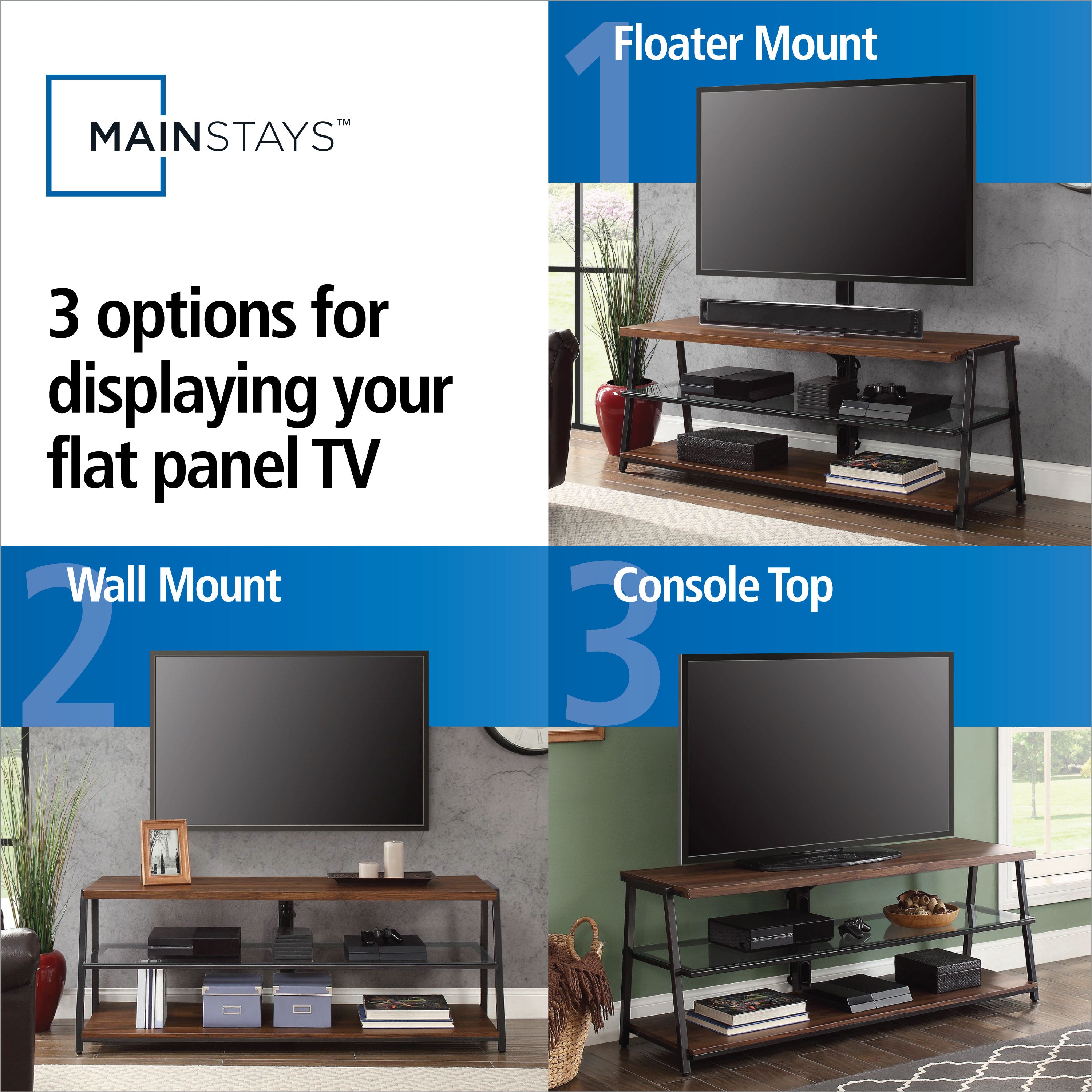 Mainstays Arris 3-in-1 TV Stand for Televisions up to 70", Perfect for Flat Screens, Canyon Walnut Finish