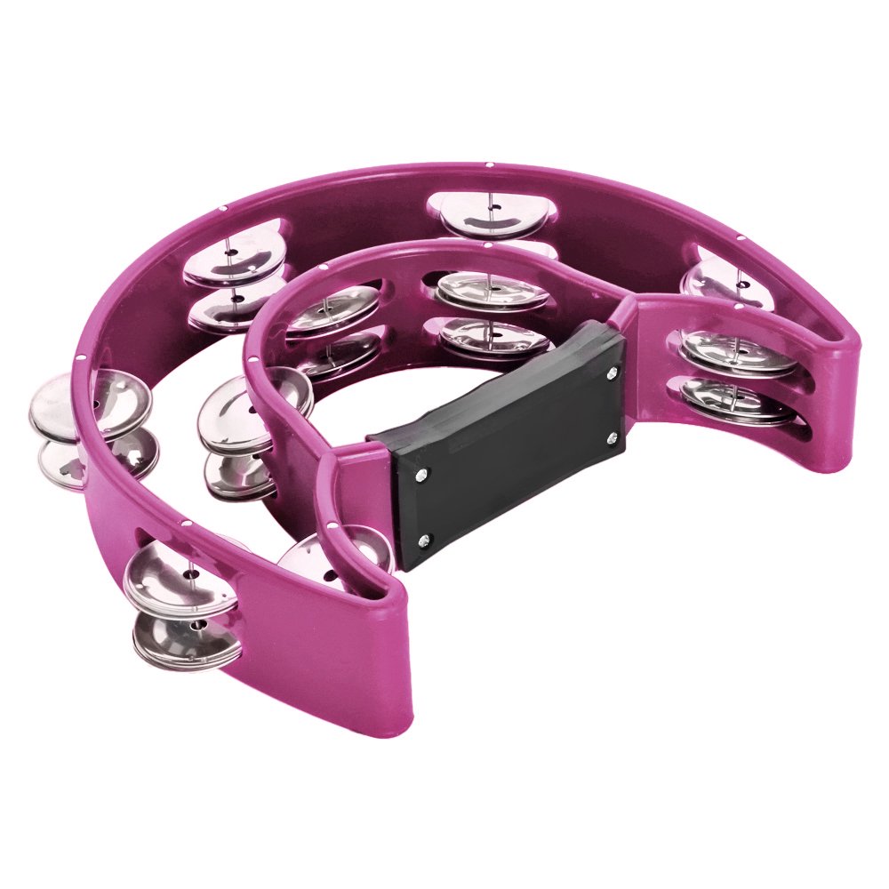 Half Moon Musical Tambourine (Pink) Double Row Metal Jingles Hand Held Percussion Drum for Gift KTV Party Kids Toy with Ergonomic Handle Grip