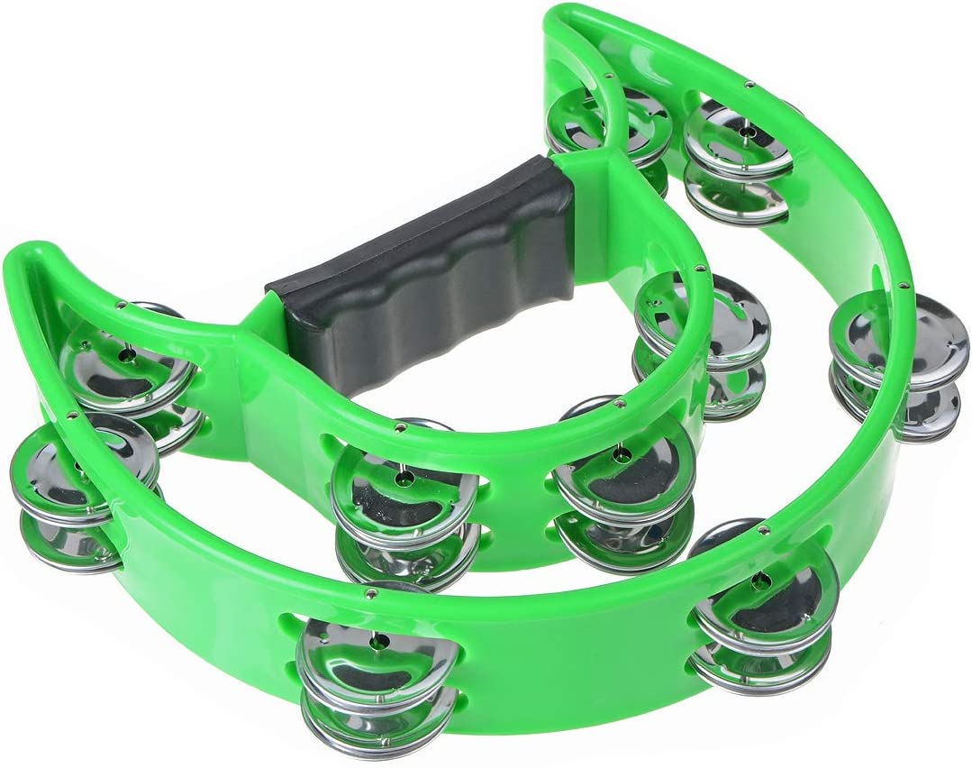 Flexzion Half Moon Musical Tambourine Double Row Metal Jingles Hand Held Percussion Drum for Gift KTV, Party, Kids Toy with Ergonomic Handle Grip, Green