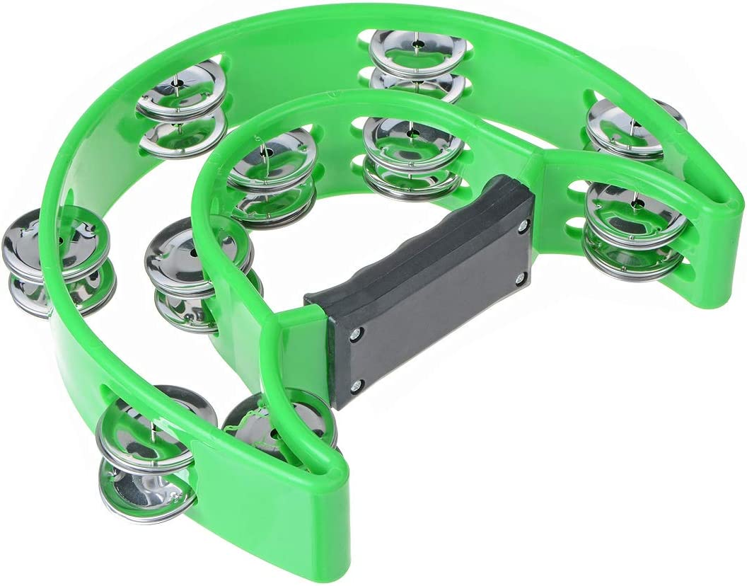 Flexzion Half Moon Musical Tambourine Double Row Metal Jingles Hand Held Percussion Drum for Gift KTV, Party, Kids Toy with Ergonomic Handle Grip, Green