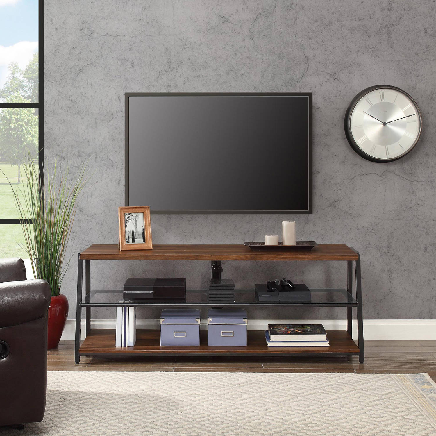 Mainstays Arris 3-in-1 TV Stand for Televisions up to 70", Perfect for Flat Screens, Canyon Walnut Finish