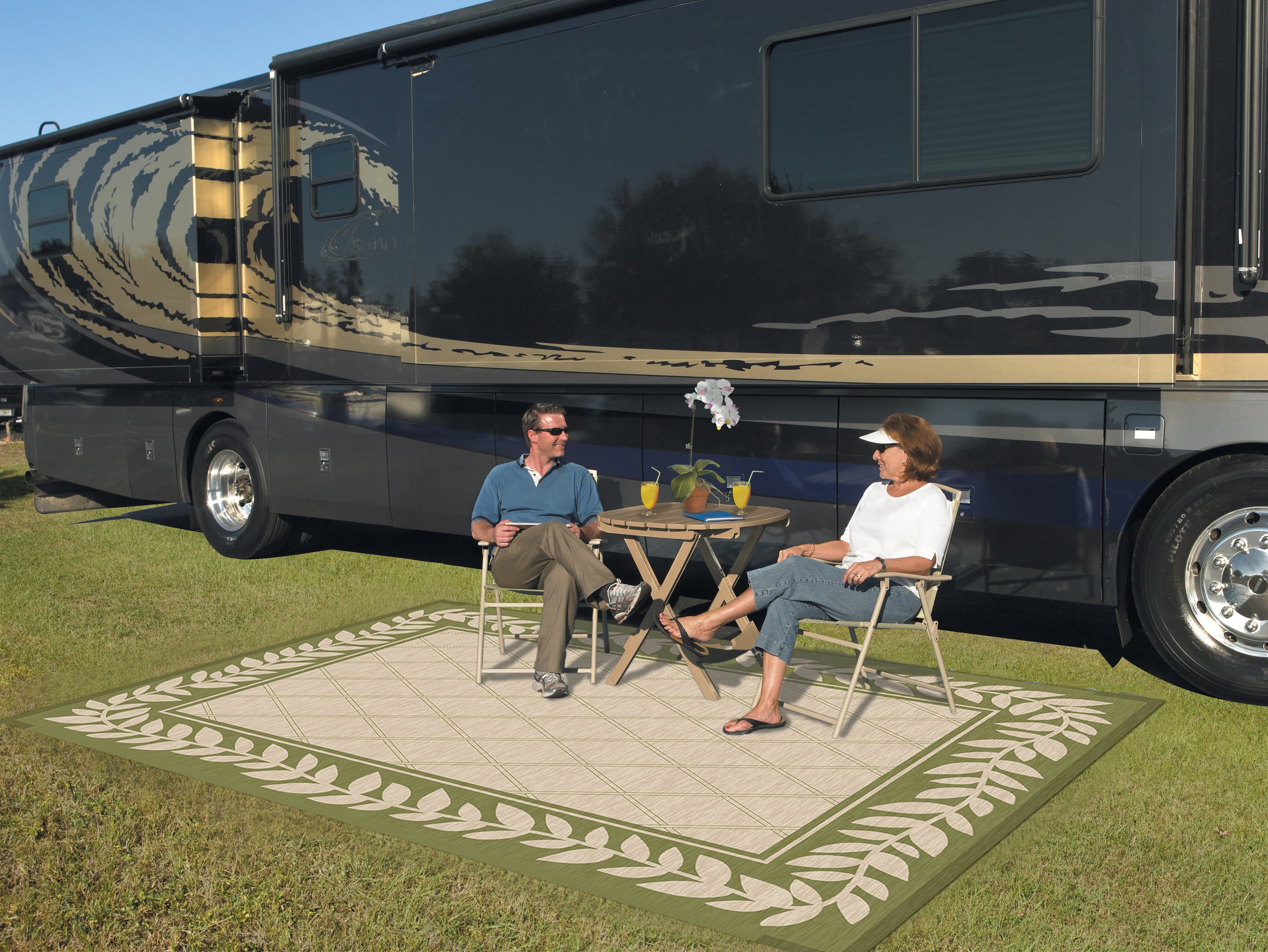 Patio Mat 9x12 Reversible RV Outdoor Patio Mat, Camping Mat, Classic Leaf, Green