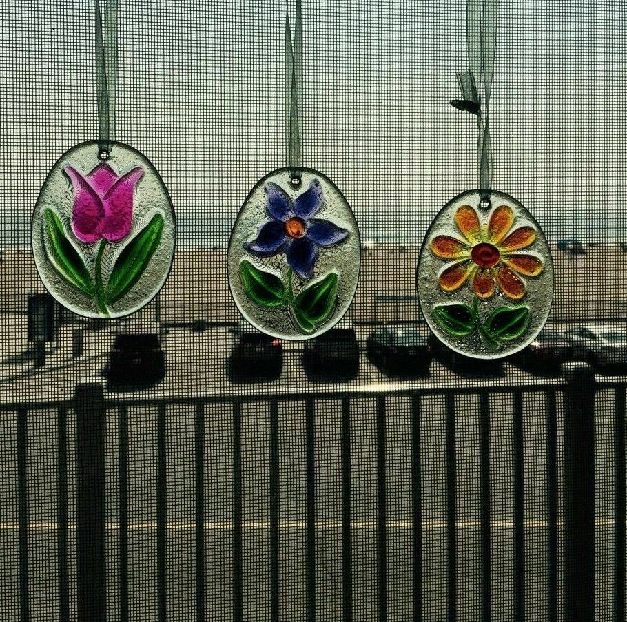 Flower Sun Catchers Trio Set of 3 with Ribbons to Hang - Floral Ornaments Window