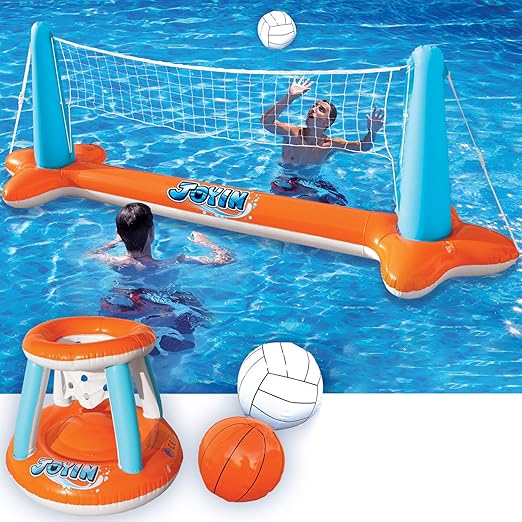 Inflatable Pool Float Set Volleyball Net & Basketball Hoops, Floating Swimming Game Toy fo...