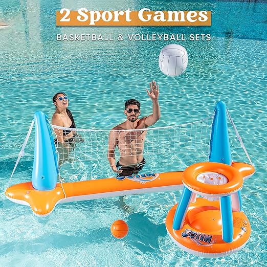 Inflatable Pool Float Set Volleyball Net & Basketball Hoops, Floating Swimming Game Toy fo...