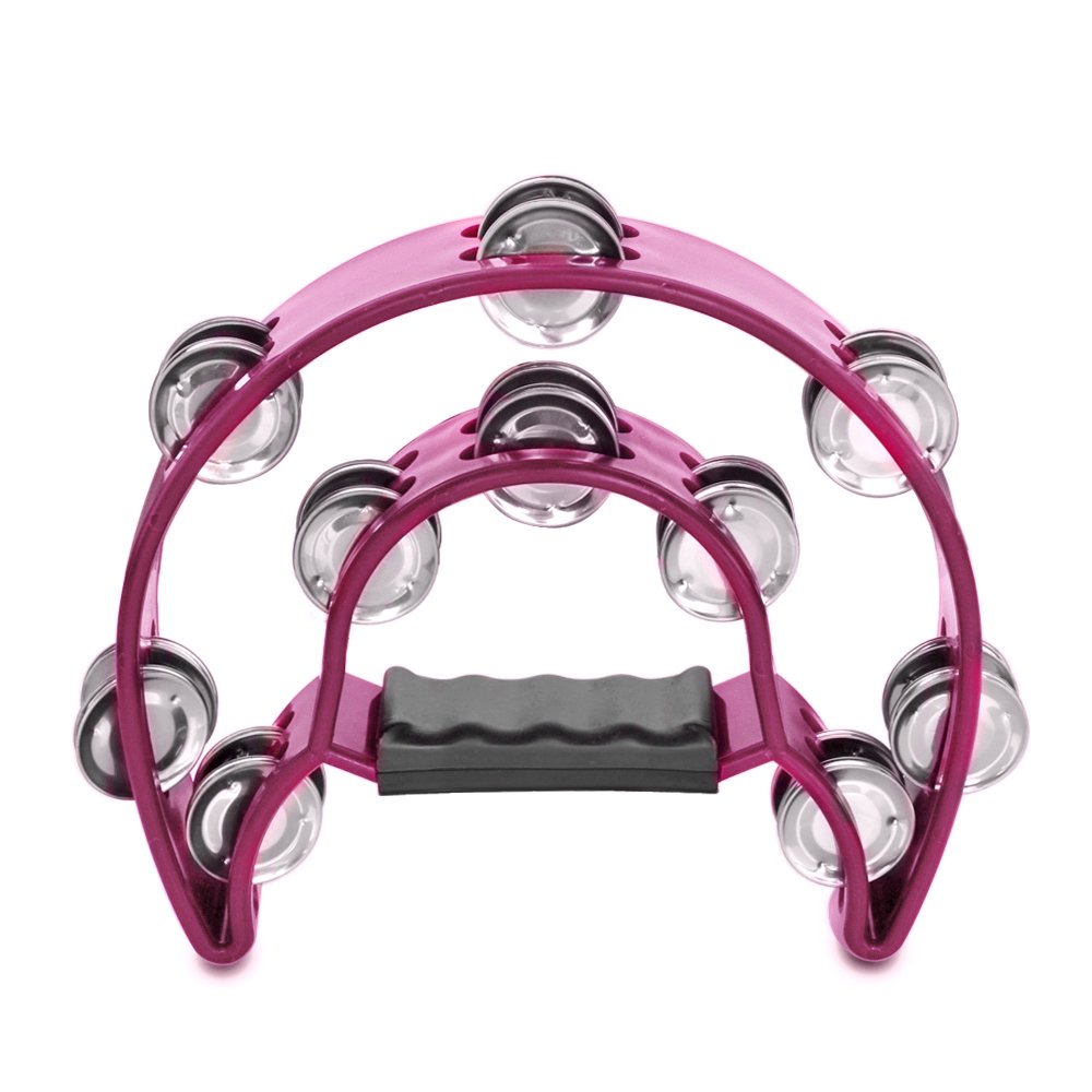 Half Moon Musical Tambourine (Pink) Double Row Metal Jingles Hand Held Percussion Drum for Gift KTV Party Kids Toy with Ergonomic Handle Grip