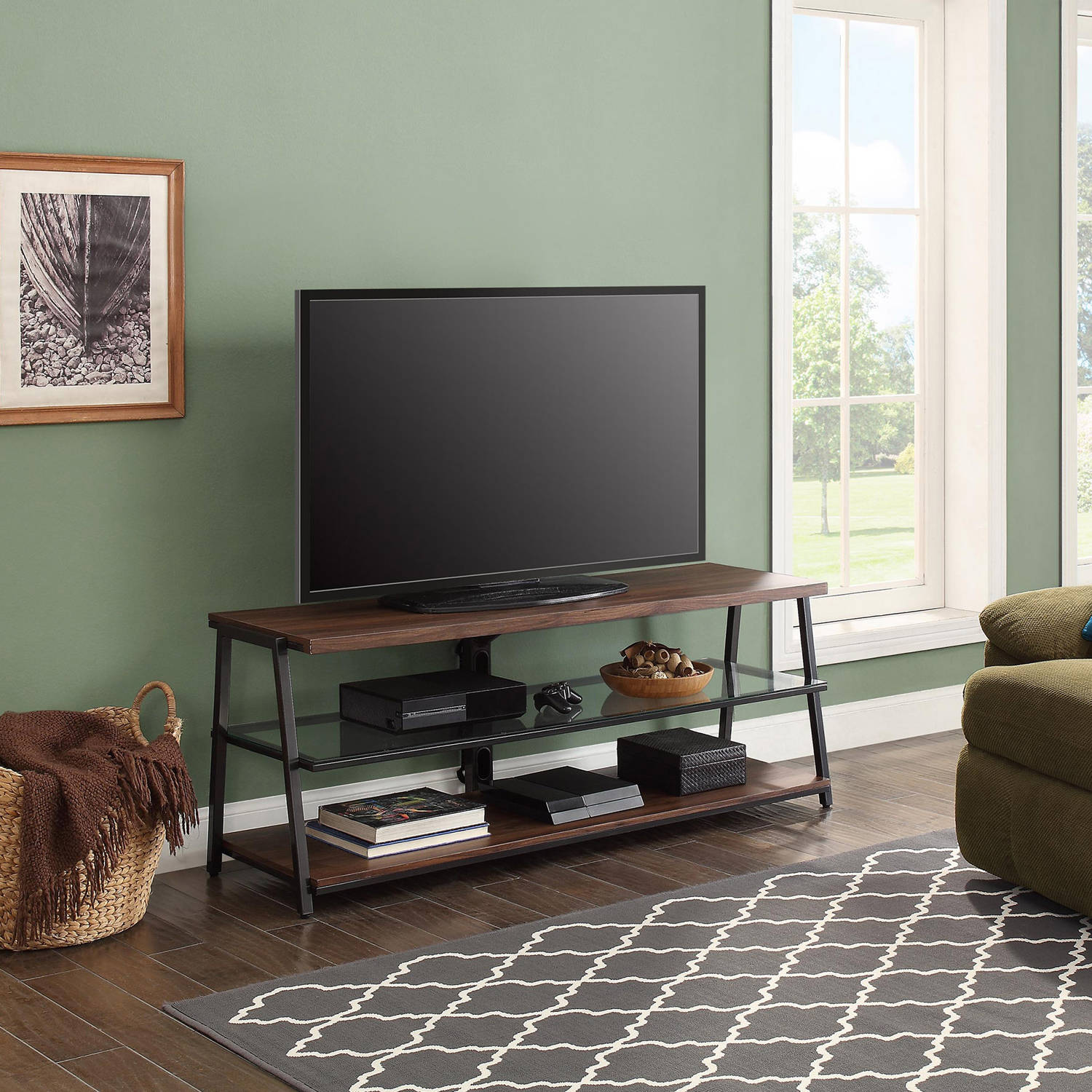 Mainstays Arris 3-in-1 TV Stand for Televisions up to 70", Perfect for Flat Screens, Canyon Walnut Finish