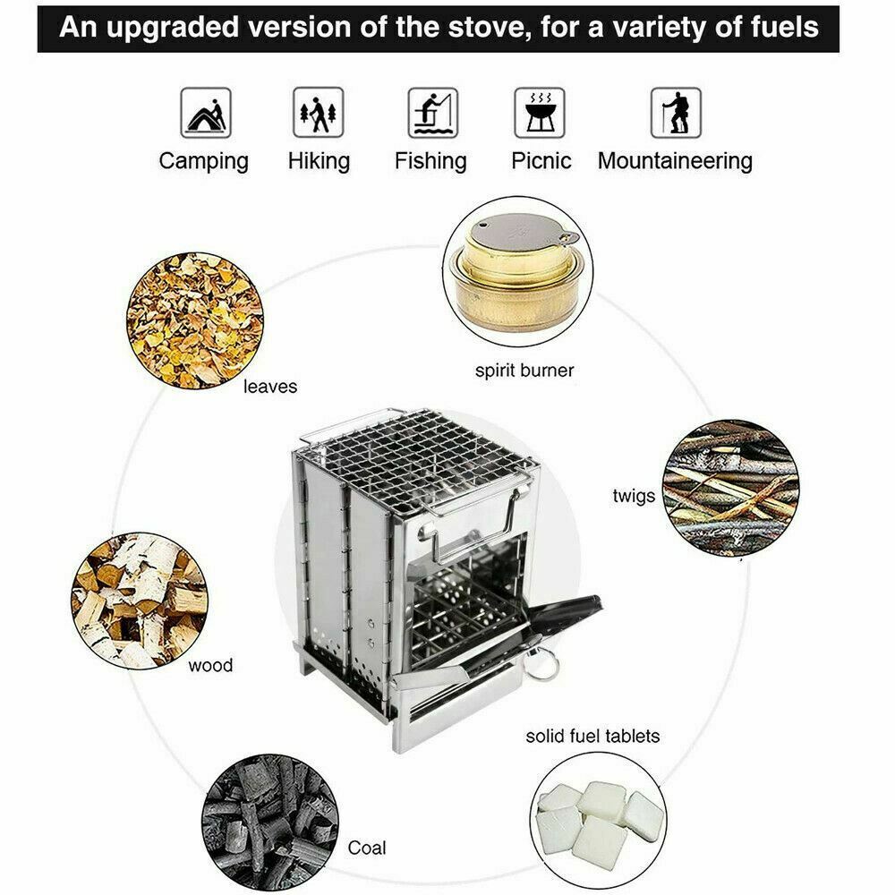 Portable Stainless Steel Camping Wood Burning Stove Outdoor Picnic BBQ Large: 8 x 8 x 10.6 inch