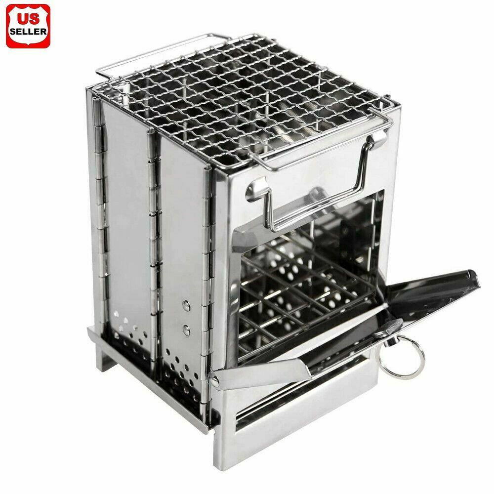 Portable Stainless Steel Camping Wood Burning Stove Outdoor Picnic BBQ Large: 8 x 8 x 10.6 inch