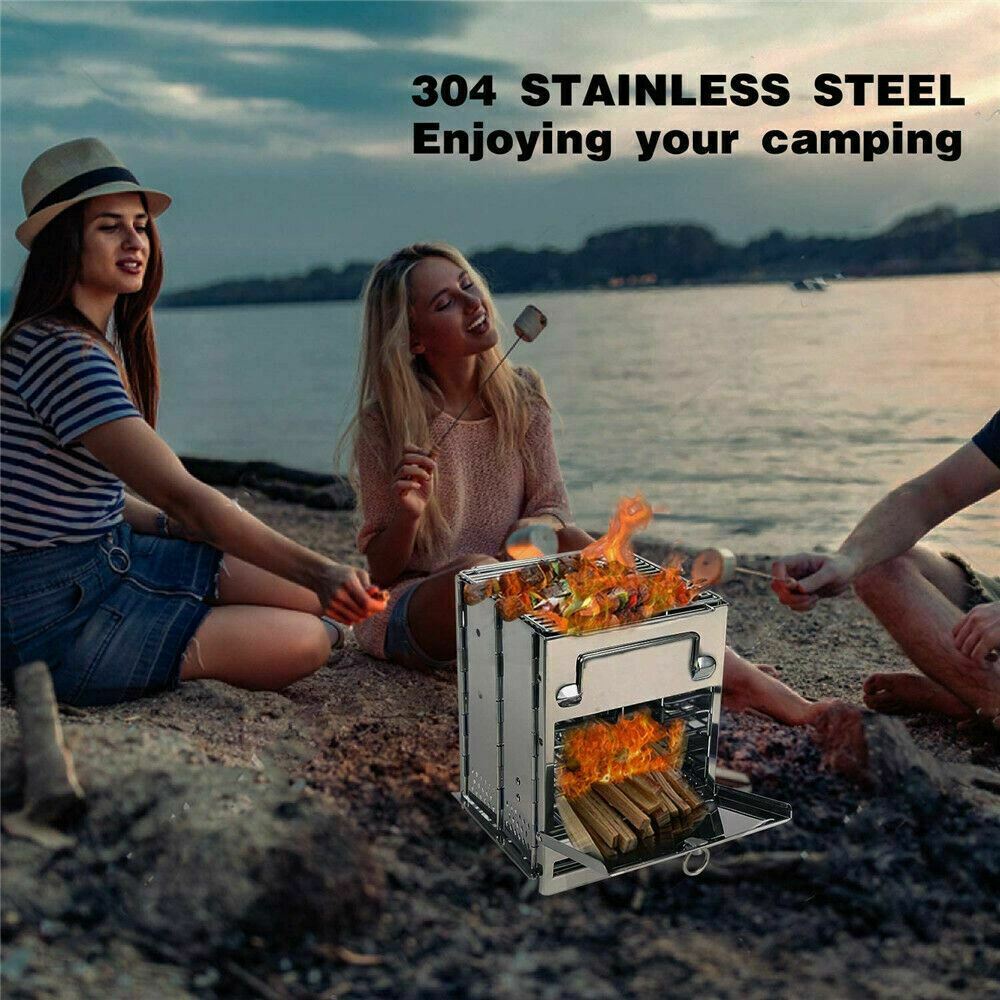 Portable Stainless Steel Camping Wood Burning Stove Outdoor Picnic BBQ Large: 8 x 8 x 10.6 inch