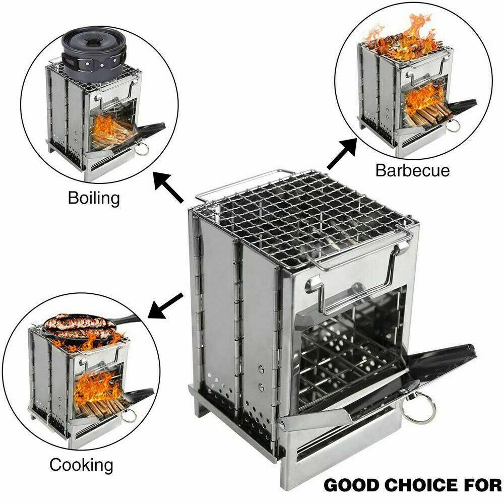 Portable Stainless Steel Camping Wood Burning Stove Outdoor Picnic BBQ Large: 8 x 8 x 10.6 inch