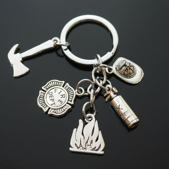 Love Fireman Firefighter Helmet Extinguisher Axe Fire Dept Silver Keychain Gift