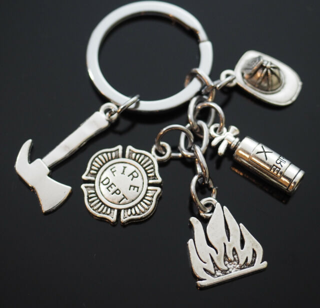 Love Fireman Firefighter Helmet Extinguisher Axe Fire Dept Silver Keychain Gift