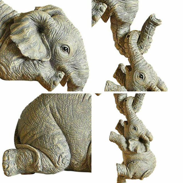 3X Resin Elephant Sitter Figurines Mother and 2 Babies Hanging Off Edge For Gift