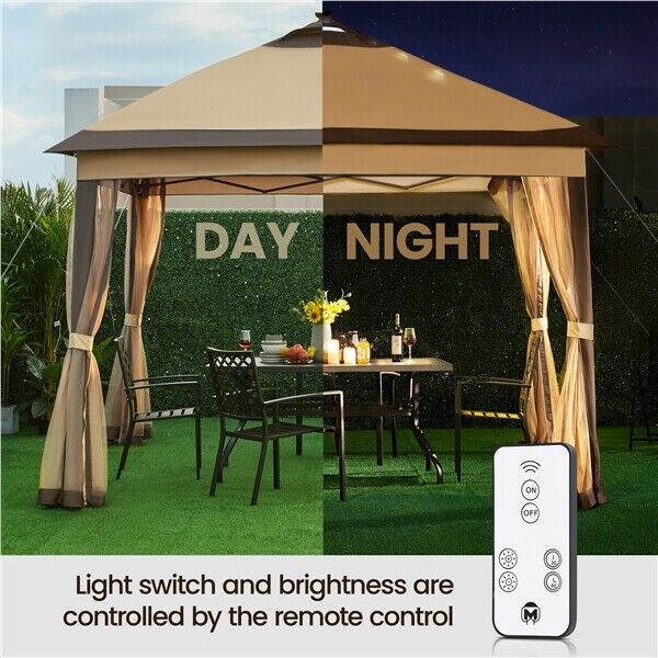 11'x11' Outdoor Pop Up Instant Gazebo Tent with Mesh Netting/ Solar LED Lights