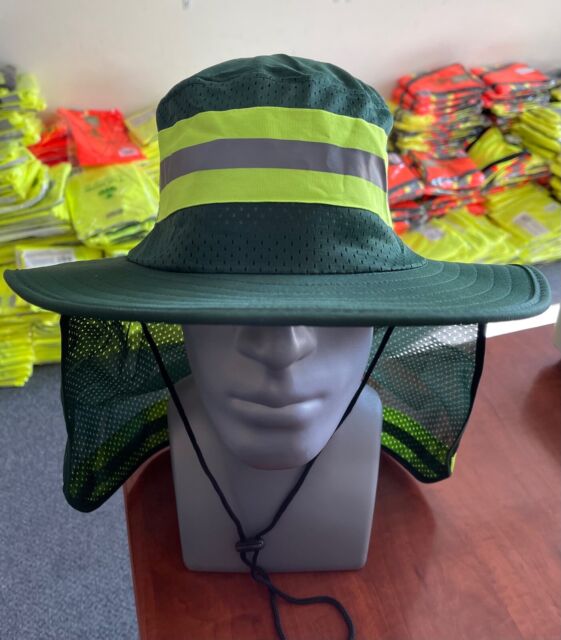 Hi Vis Reflective Work Safety Neck Flap Boonie Hat Green  Bucket Cap