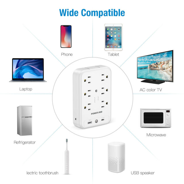 Multi-Function Wall Plug Socket With Shelf Surge Protector 6 Outlet & USB & USB-C 3.0 Ports