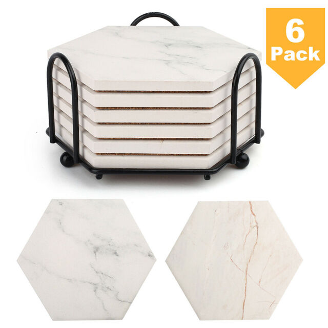 6PCS Drink Coasters Marble Absorbent Coasters with Metal Holder Cork Backing Bar