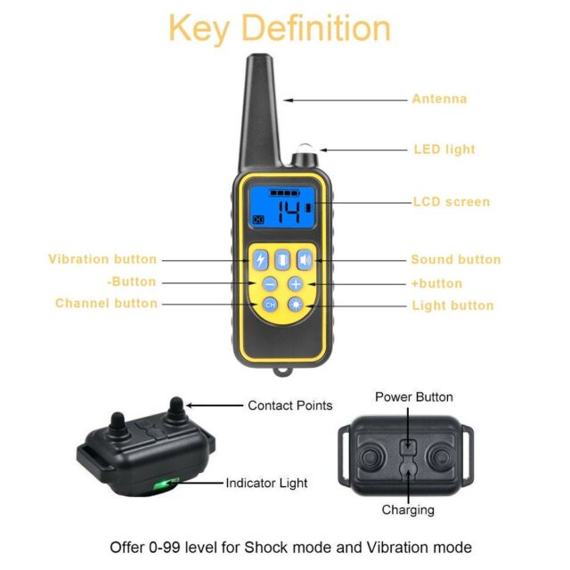 Dog Shock Training Collar Rechargeable Remote Control Waterproof IP67 875 Yards