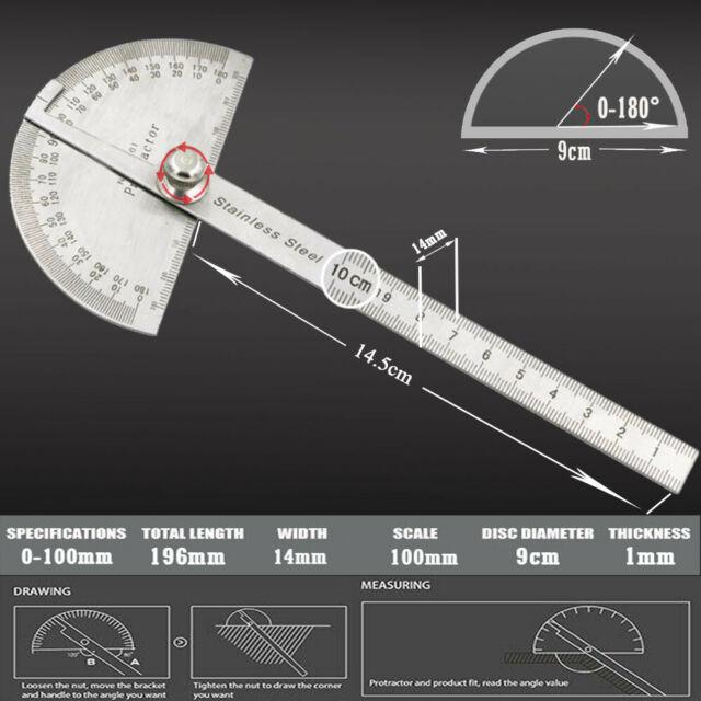 SAE Stainless Steel 180 degree Protractor Angle Finder Rotary Measuring Ruler