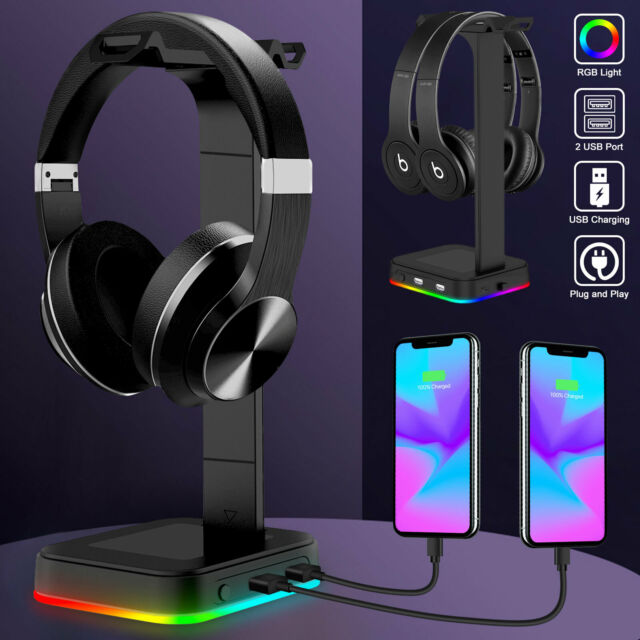 Gaming RGB Dual Headset Hanger Holder 2 USB Ports Headphone Desk Stand Universal