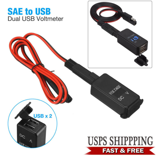 Motorcycle Dual USB Charger SAE to USB Cable Adapter Voltmeter for CellPhone GPS