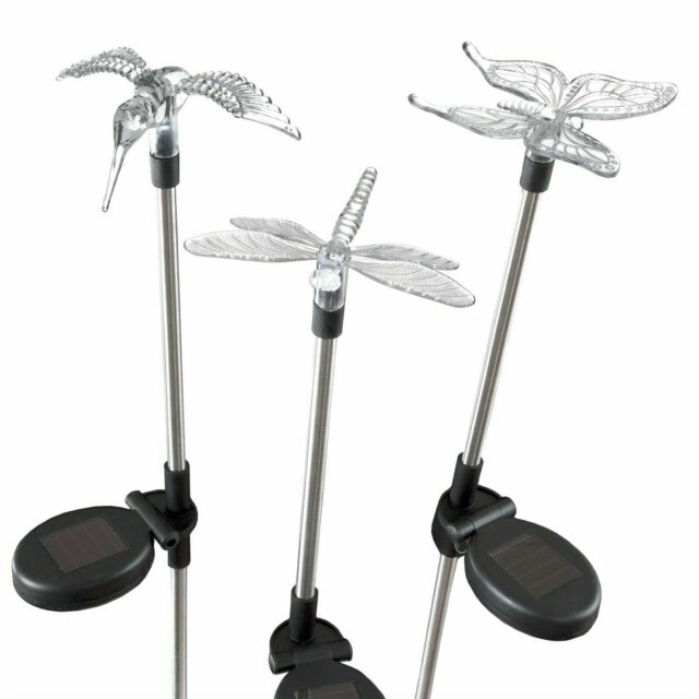 3 Solar Lights Butterfly Hummingbird Dragonfly 30 Inches High Garden Yard Decor