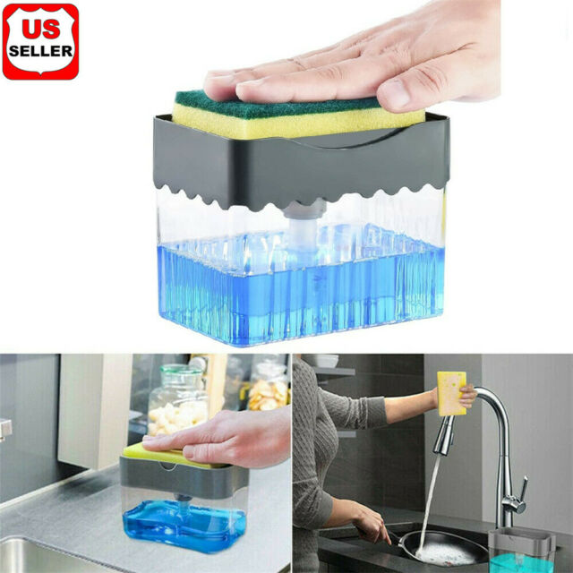 2 in1 Kitchen Liquid Soap Pump Dispenser ABS Sponge Holder Press Countertop Rack