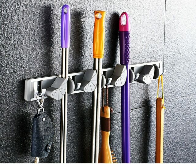 Wall Mount Mop Holder Hanger Hooks Kitchen Brush Broom Storage Rack Organizer