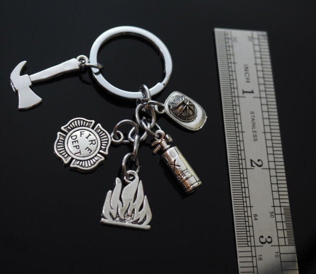 Love Fireman Firefighter Helmet Extinguisher Axe Fire Dept Silver Keychain Gift