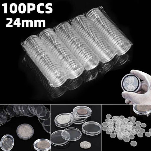 100PCS Coin Storage Box Holder Case Clear Round Plastic Capsule Container 24mm